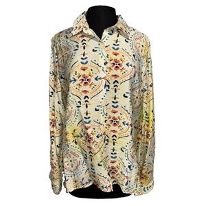 NWT  Boho Tile Floral Print Button Up Blouse Size Med Yellow Cream Long Sleeve
